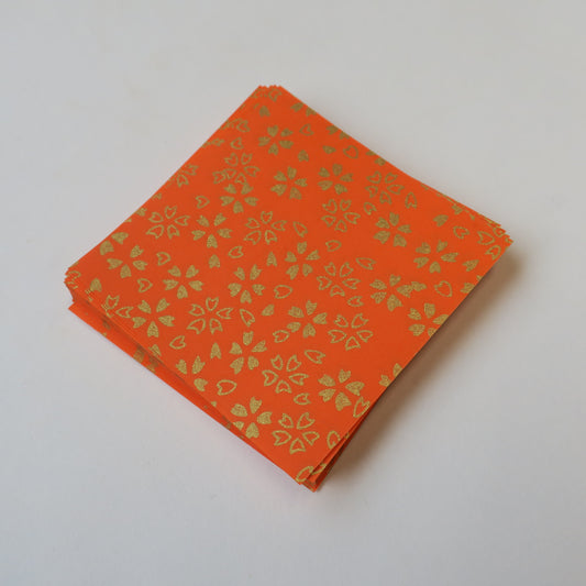 Pack of 100 Sheets 7x7cm Yuzen Washi Origami Paper HZ-018 - Gold Cherry Blossom Orange