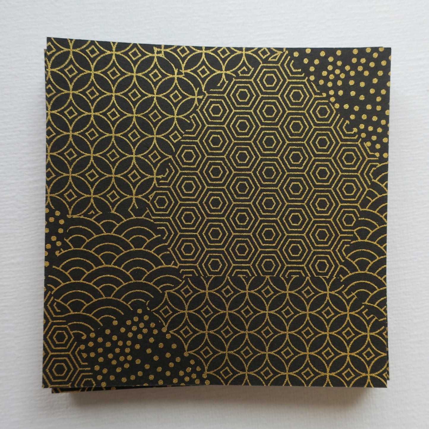 Pack of 100 Sheets 7x7cm Yuzen Washi Origami Paper HZ-496 - Black Gold Mixed Geometric Patterns