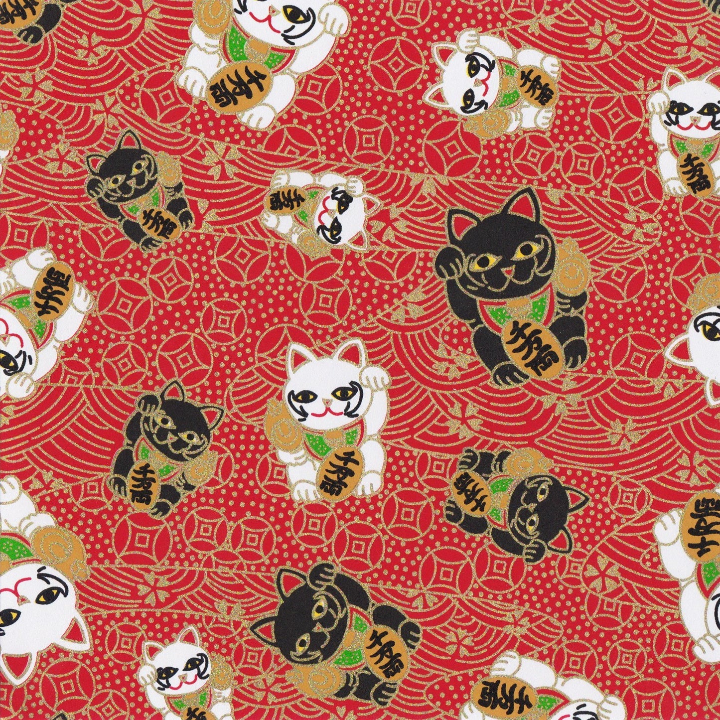 Pack of 20 Sheets 14x14cm Yuzen Washi Origami Paper HZ-428 - Fortune Cats Red - washi paper - Lavender Home London