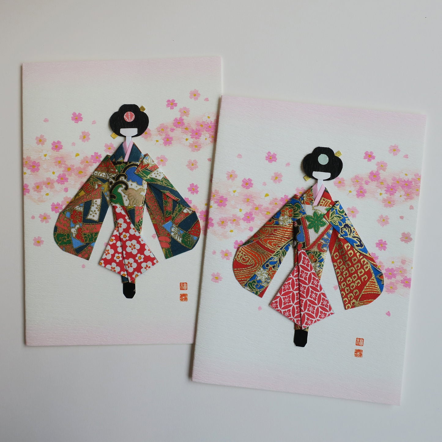 Tarjeta de felicitación hecha a mano de muñeca de kimono de origami geisha - C