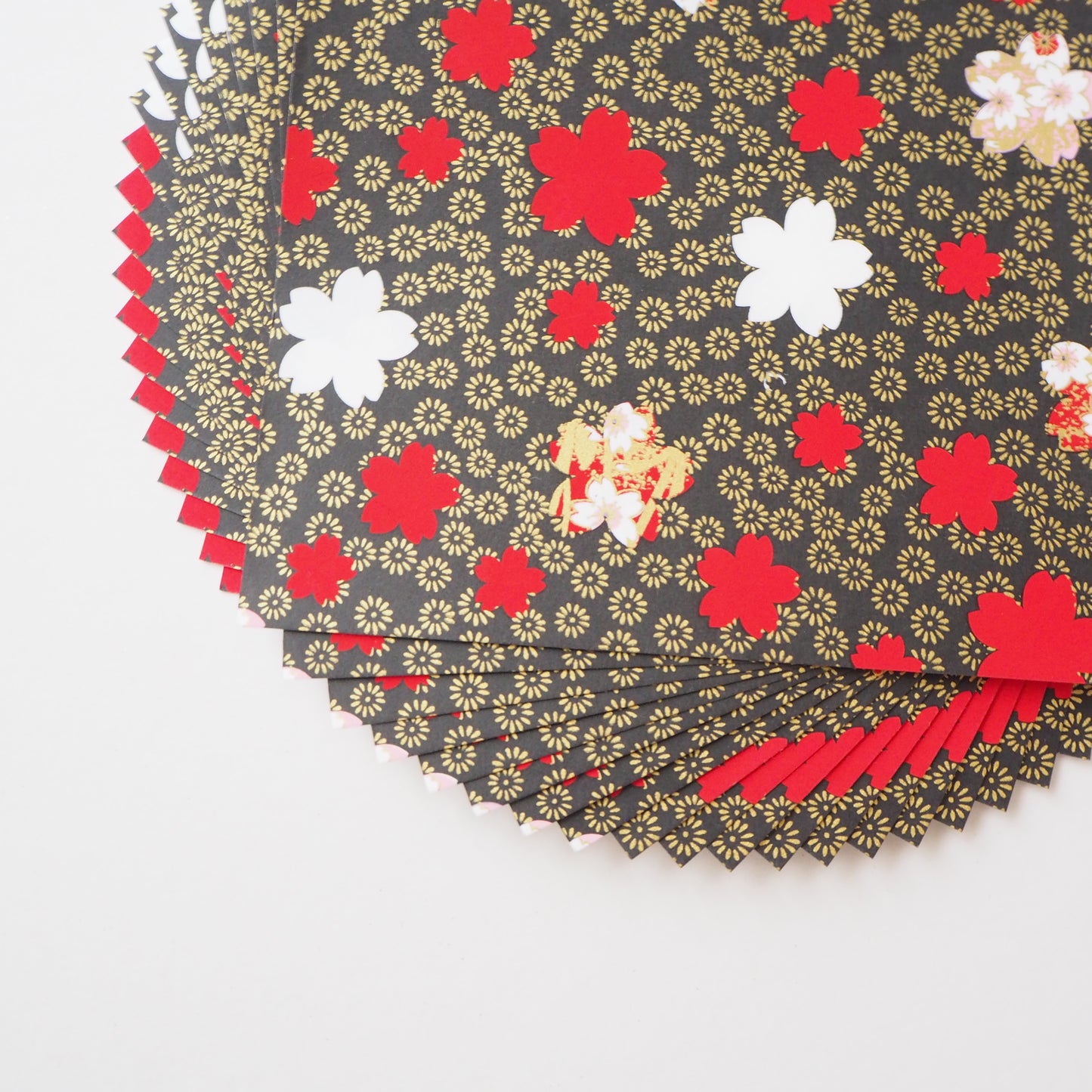 Pack of 20 Sheets 14x14cm Yuzen Washi Origami Paper HZ-444 - Cherry Blossom & Chrysanthemum Black