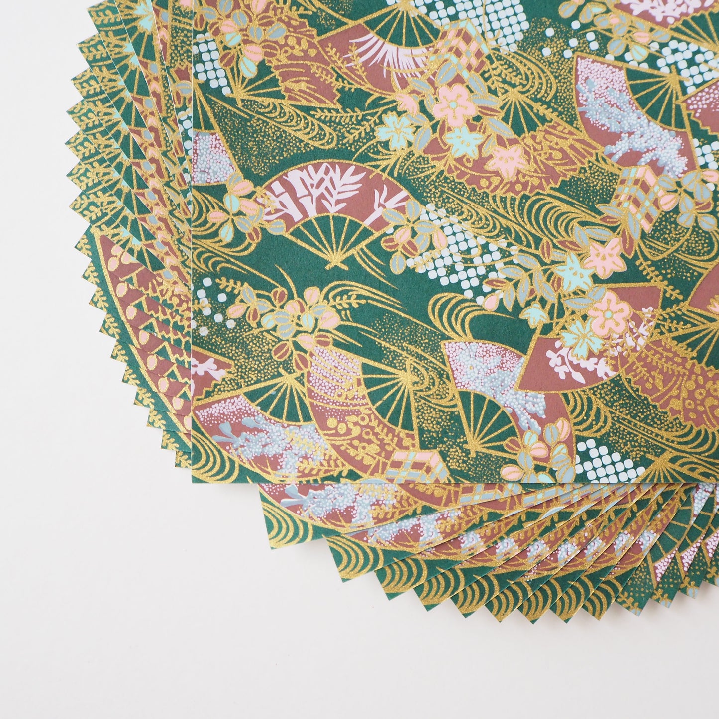 Paquete de 20 hojas de papel Yuzen Washi Origami de 14x14 cm HZ-369 - Abanicos florales verde oscuro