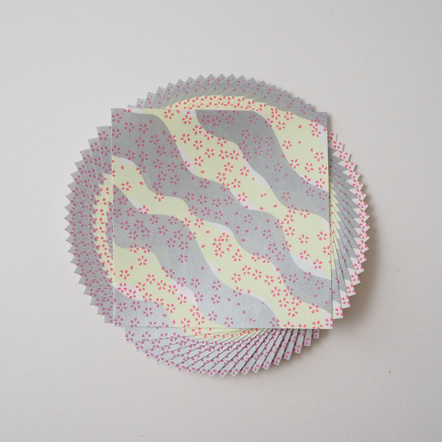 Pack of 20 Sheets 14x14cm Yuzen Washi Origami Paper HZ-489 - Small Cherry Blossom Yellow and Silver Waves
