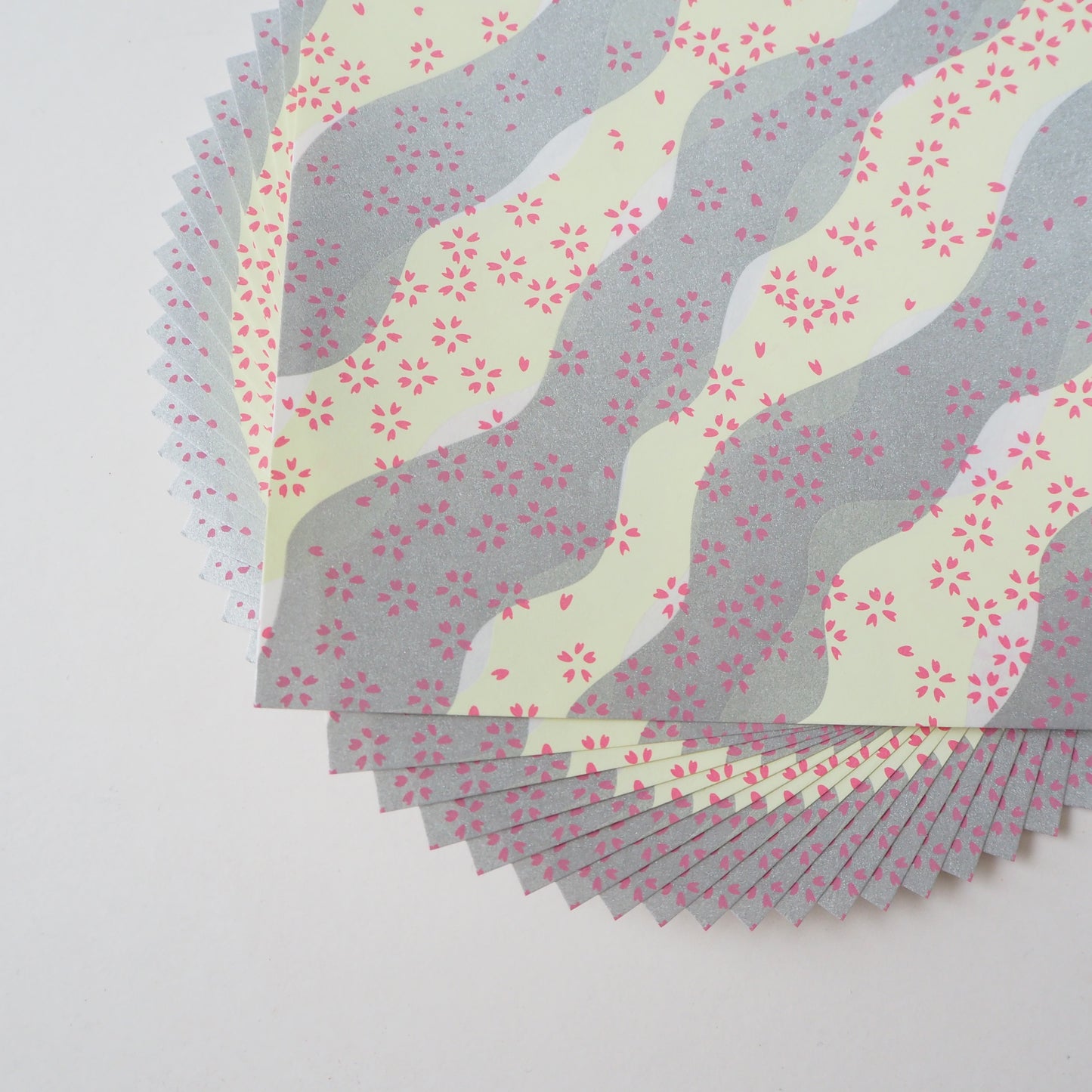Pack of 20 Sheets 14x14cm Yuzen Washi Origami Paper HZ-489 - Small Cherry Blossom Yellow and Silver Waves