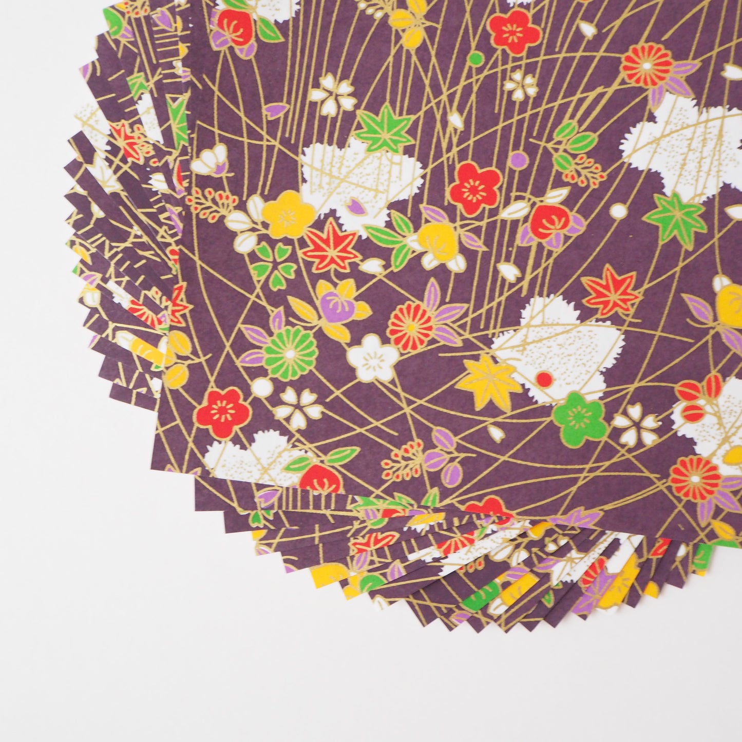 Pack of 20 Sheets 14x14cm Yuzen Washi Origami Paper HZ-009 - Plum Flowers & Maple Leaves Purple