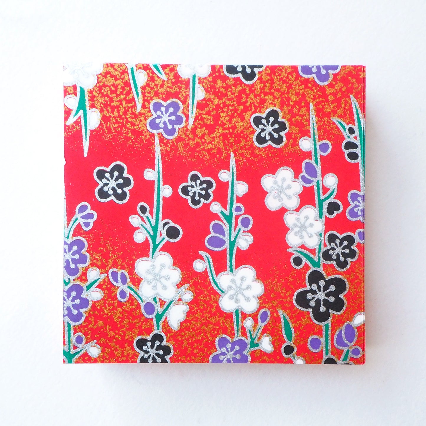Pack of 100 Sheets 7x7cm Yuzen Washi Origami Paper HZ-097 - Silver Plum Branches Red - washi paper - Lavender Home London