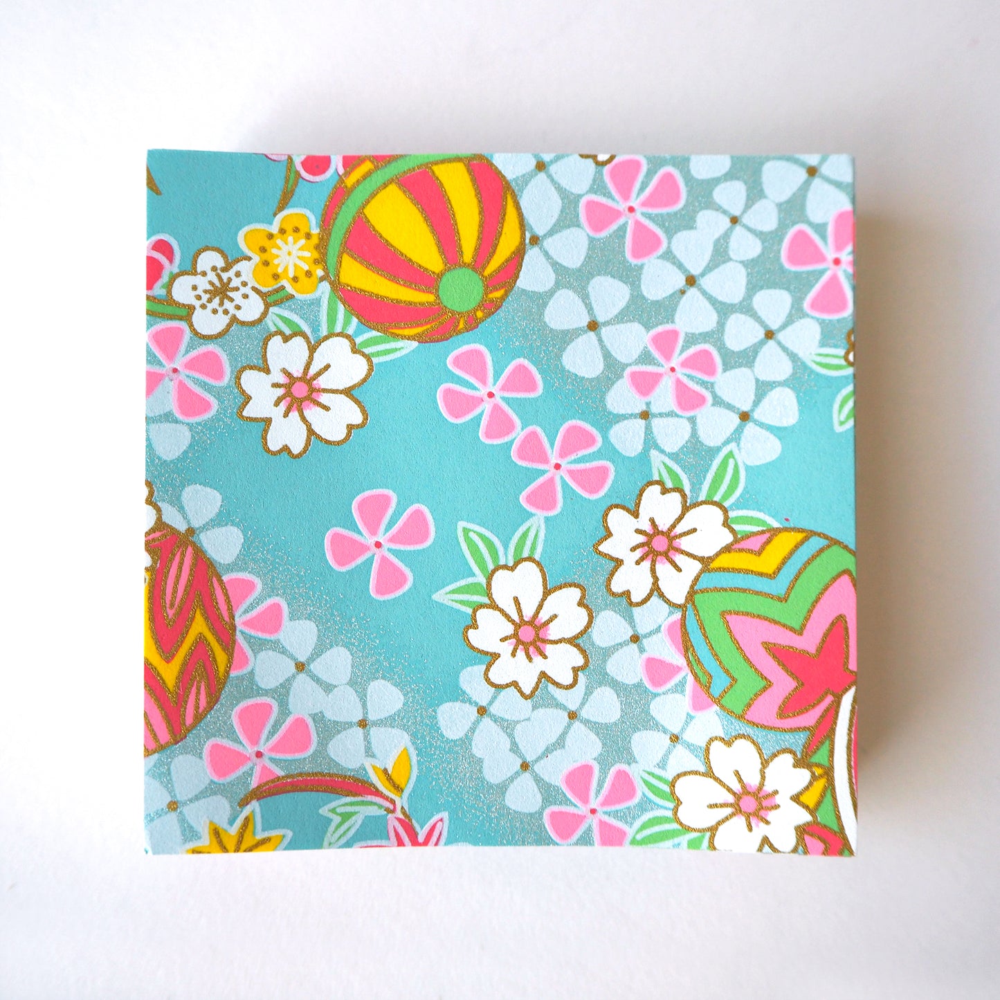 Pack of 100 Sheets 7x7cm Yuzen Washi Origami Paper HZ-283 - Temari Thread Balls & Cherry Blossom Aqua Blue - washi paper - Lavender Home London