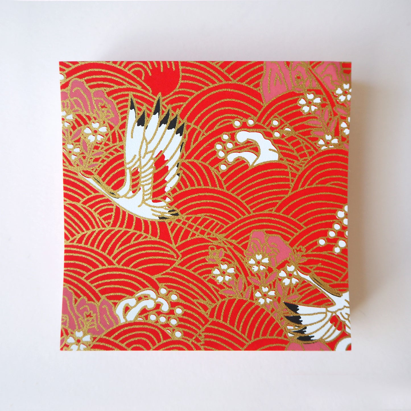 Pack of 100 Sheets 7x7cm Yuzen Washi Origami Paper HZ-315 - Cranes & Waves Red - washi paper - Lavender Home London