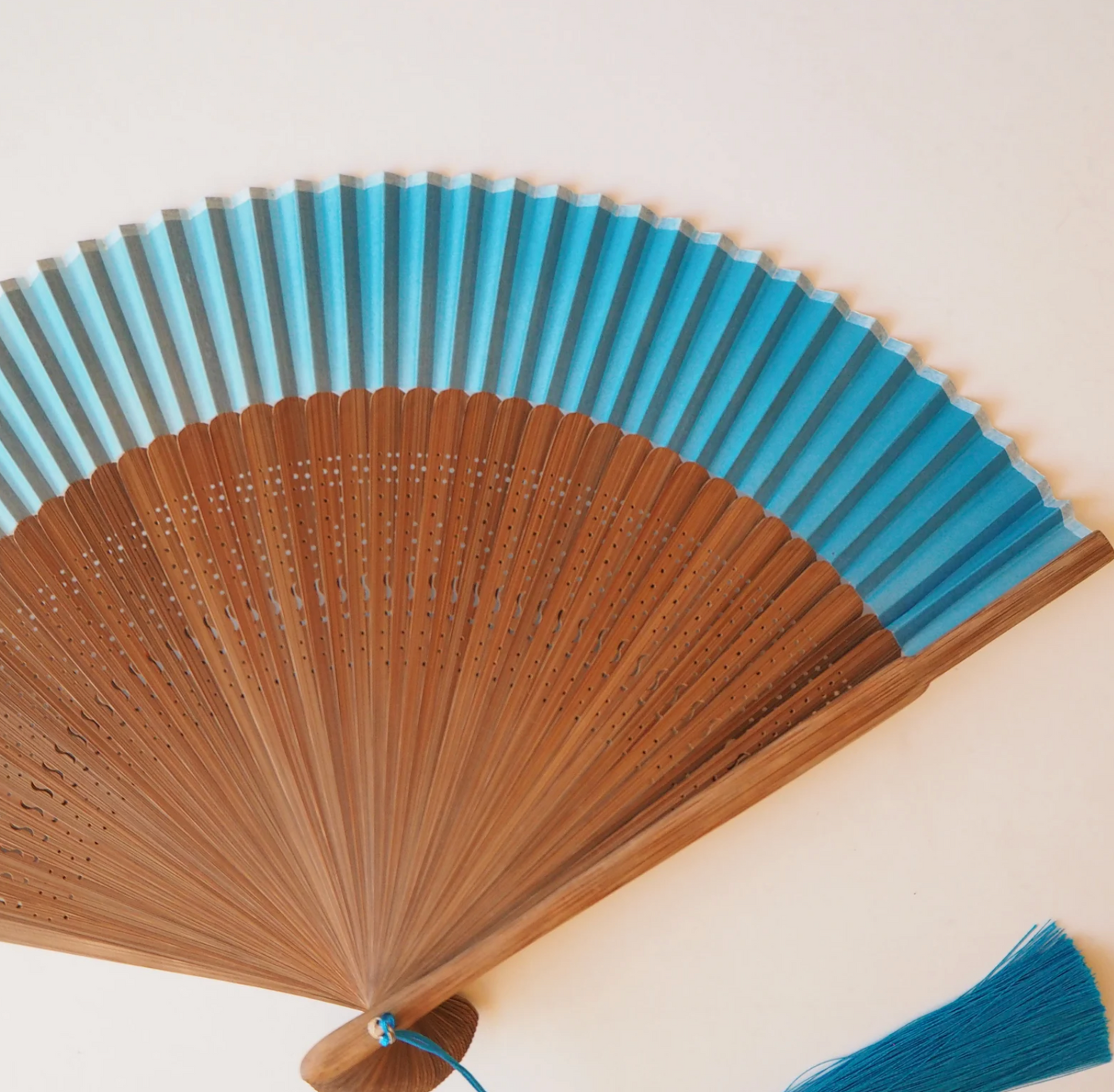 New Folding Fan -  Brown bamboo with Blue gradient