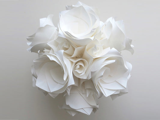 white origami rose versailles ball, designed by Krystyna Burczyk. Wedding decoration or table centrepiece.
