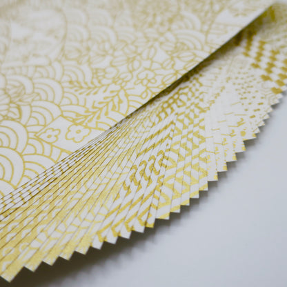 50 Sheets White & Gold Themed Colours Yuzen Washi Origami Paper Patterns 14x14cm