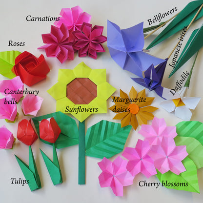 Kit de bricolaje de origami de flores, haga 10 flores de origami diferentes, 15x15 cm