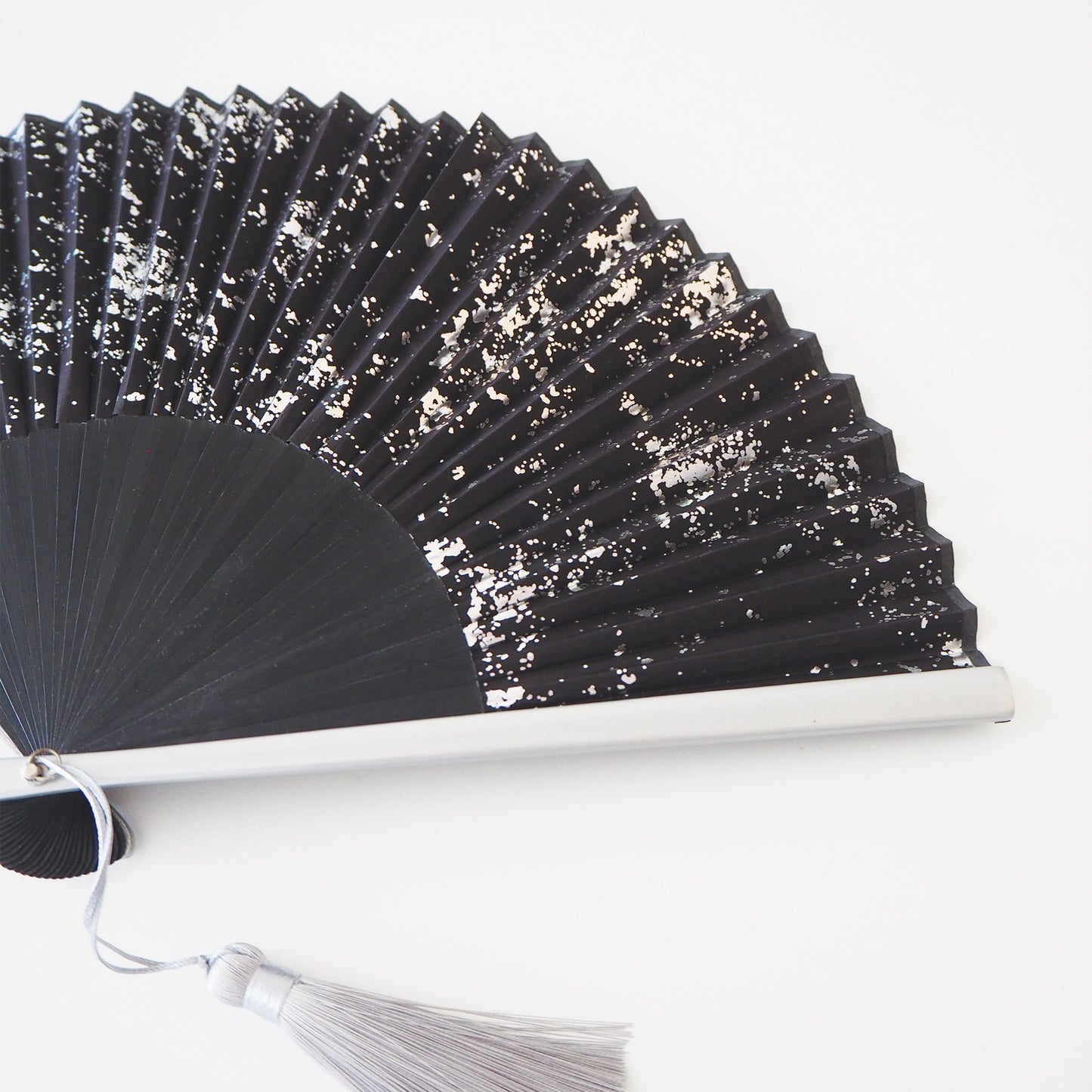New Folding Fan - Black & Silver Wave