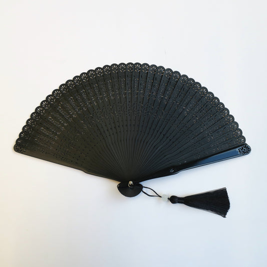 Hand Held Folding Fan - Black Bamboo Peony Design
