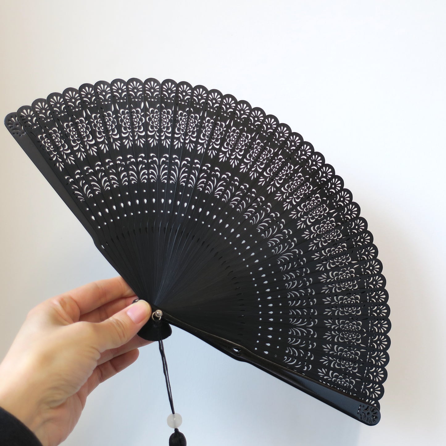 Wooden Folding Fan - Black Peony Design