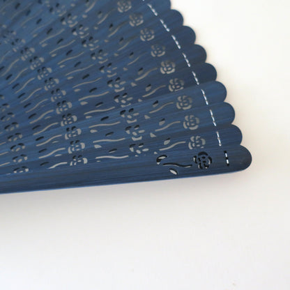 Wooden Folding Fan - Rose, blue