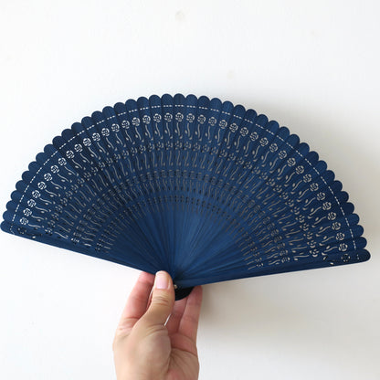 Wooden Folding Fan - Rose, blue