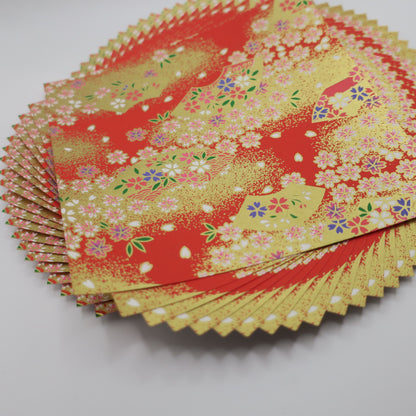 Pack of 20 Sheets 14x14cm Yuzen Washi Origami Paper HZ-536 - Red Sakura Flower Sea