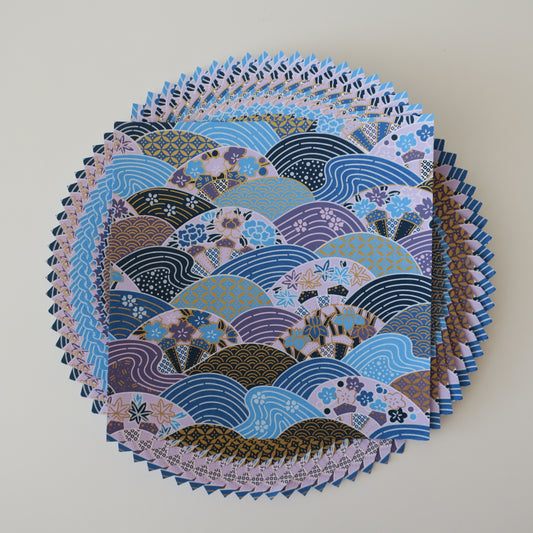 Pack of 20 Sheets 14x14cm Yuzen Washi Origami Paper HZ- 579 - Blue Blossoming Hand Fan Waves