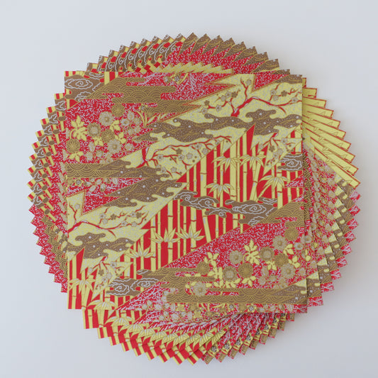 Pack of 20 Sheets 14x14cm Yuzen Washi Origami Paper HZ- 573 - Red & Gold Bamboo Lightning Patchwork