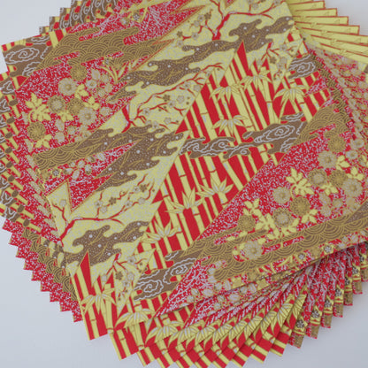 Pack of 20 Sheets 14x14cm Yuzen Washi Origami Paper HZ- 573 - Red & Gold Bamboo Lightning Patchwork