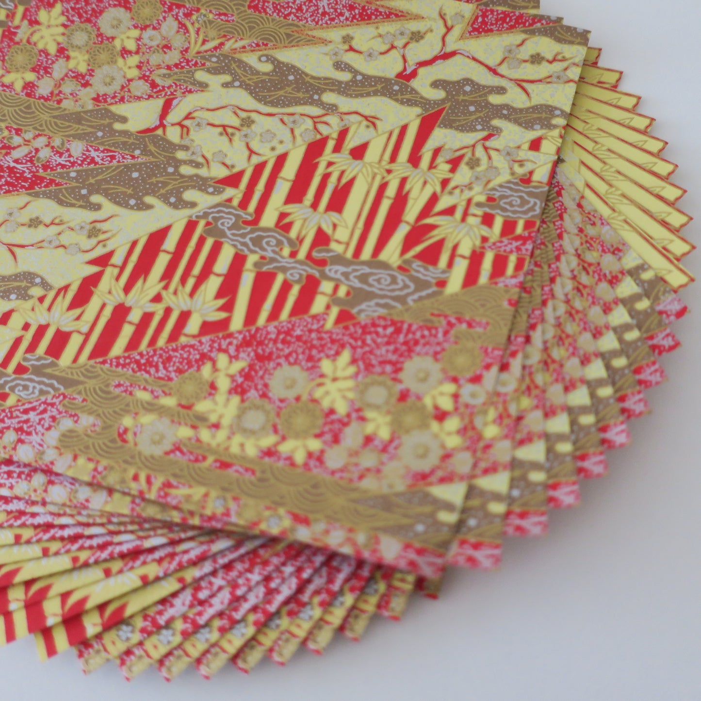 Pack of 20 Sheets 14x14cm Yuzen Washi Origami Paper HZ- 573 - Red & Gold Bamboo Lightning Patchwork