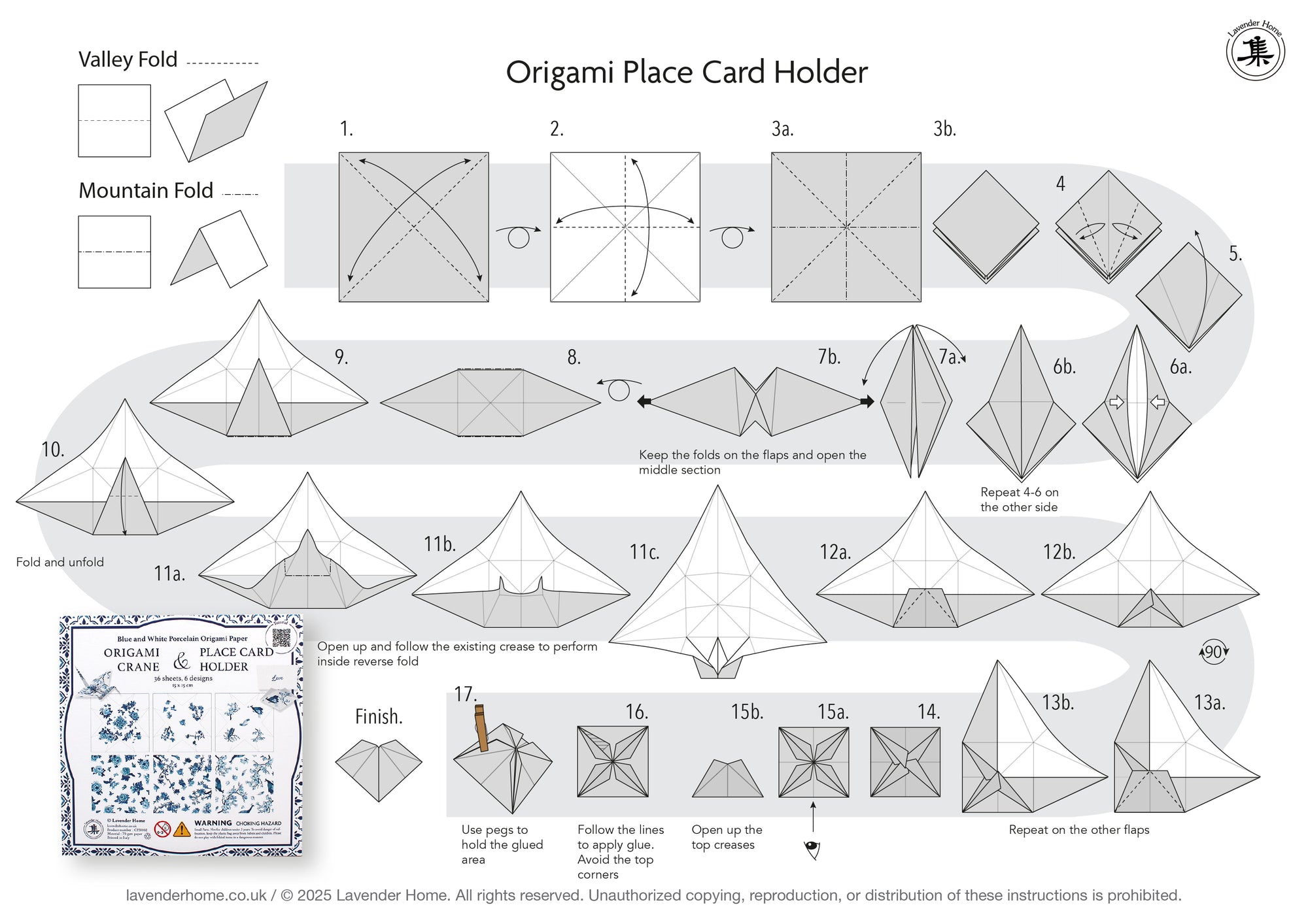 Step-by-step origami instructions for creating a place card holder.