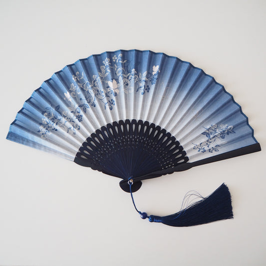 Folding Fan - Blue and White Floral Pattern