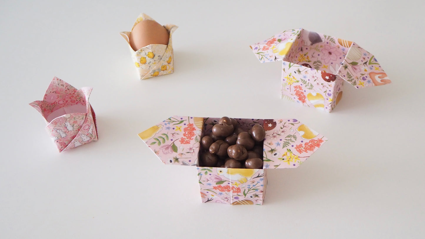 Juego de papel de origami de conejito de Pascua y pollito, kit de bricolaje de huevera y caja de dulces, 15x15cm y 21x21cm