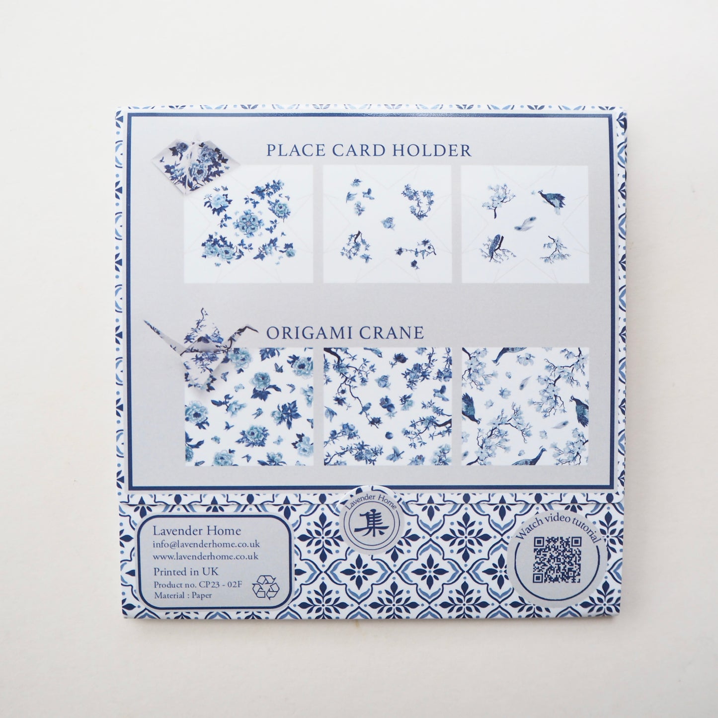Kit de bricolage grue origami et porte-cartes en porcelaine bleue et blanche, 15x15cm