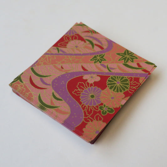 Paquet de 100 feuilles de papier origami Yuzen Washi 7x7 cm HZ-037 - Chrysanthème et feuilles d'érable rouge