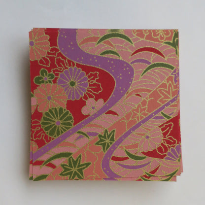 Paquete de 100 hojas de papel Yuzen Washi Origami de 7x7 cm HZ-037 - Crisantemo y hojas de arce rojas