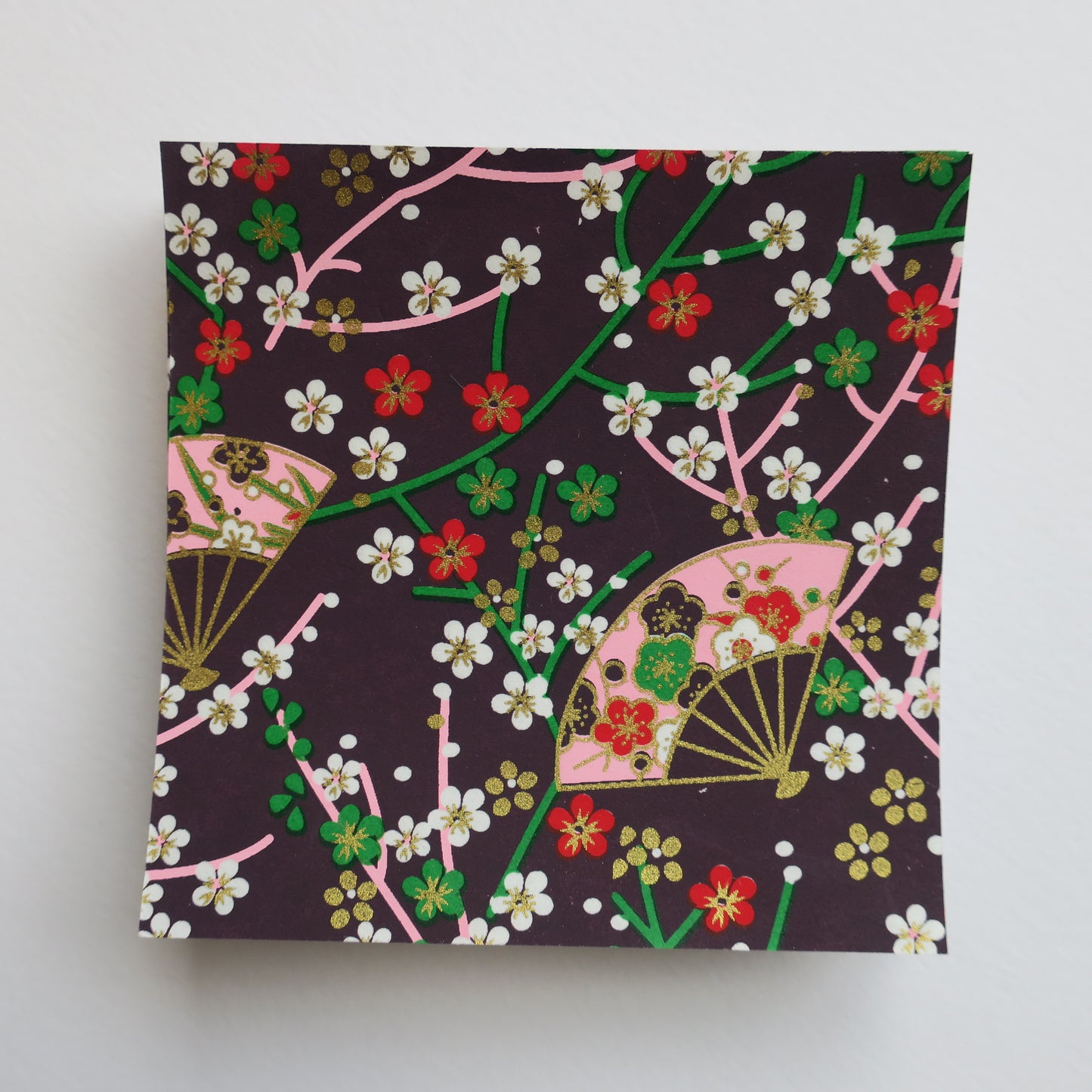 Pack of 100 Sheets 7x7cm Yuzen Washi Origami Paper HZ-405 - Small Plum Flowers & Fans Purple