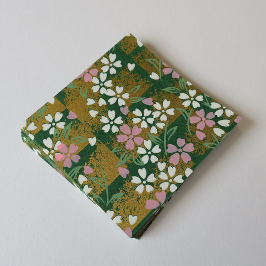 Pack of 100 Sheets 7x7cm Yuzen Washi Origami Paper HZ-470 - Cherry Blossom Green Shade