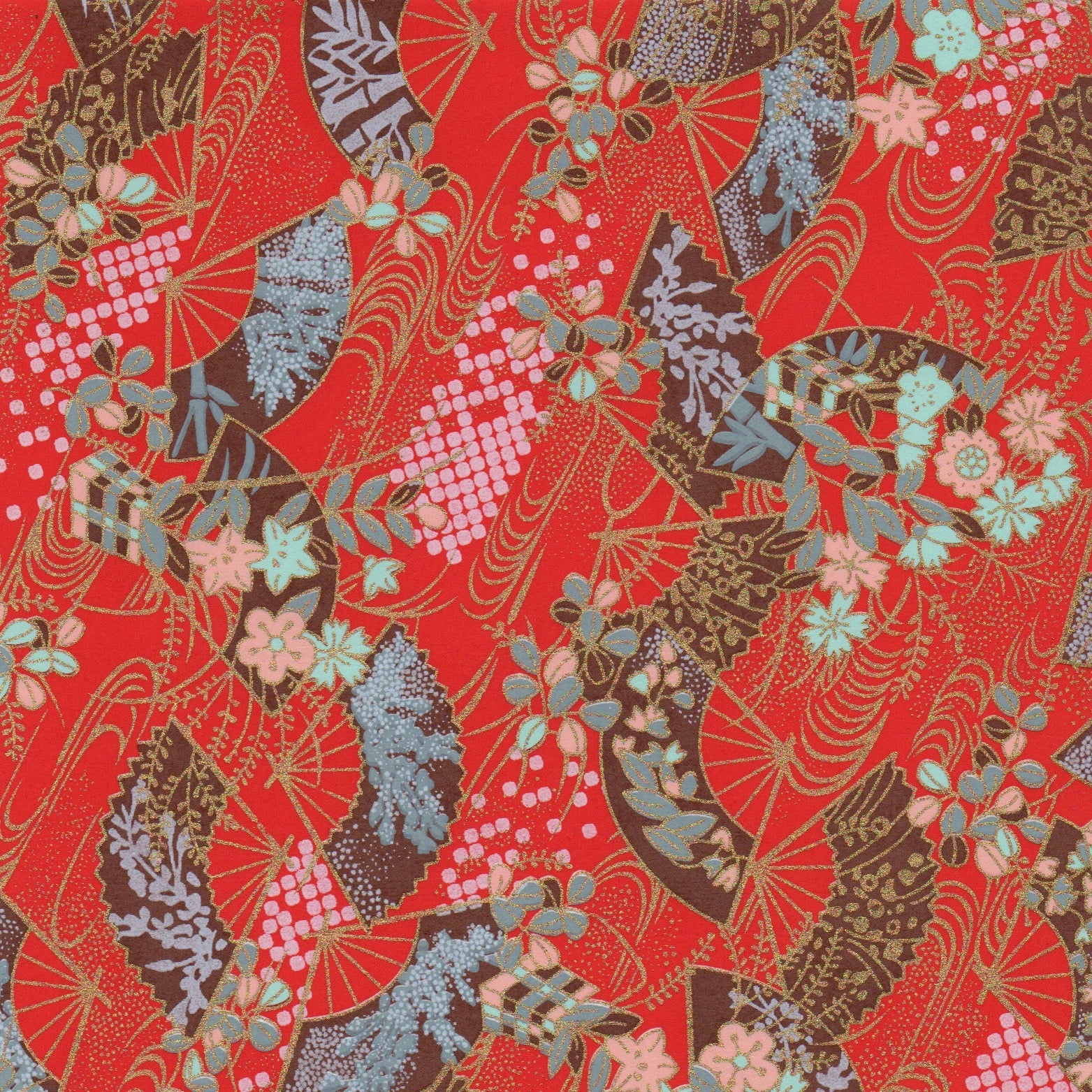 Pack of 20 Sheets 14x14cm Yuzen Washi Origami Paper HZ-371 - Floral Fans & Flowing Water Red - washi paper - Lavender Home London