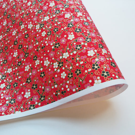 Yuzen Washi Wrapping Paper HZ-374 - Black Pink Plum Flower Red - washi paper - Lavender Home London