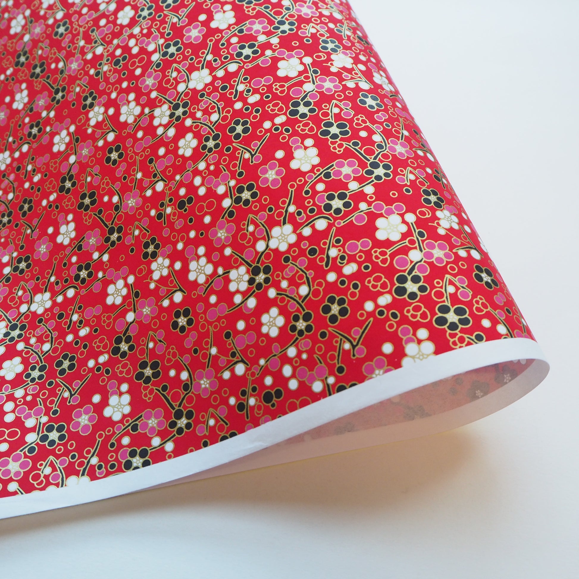 Yuzen Washi Wrapping Paper HZ-374 - Black Pink Plum Flower Red