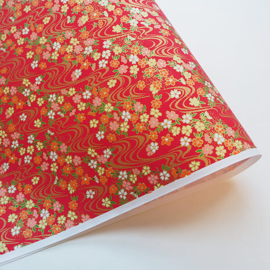 Yuzen Washi Wrapping Paper HZ-455 - Cherry Blossom & Flowing Water Red - washi paper - Lavender Home London