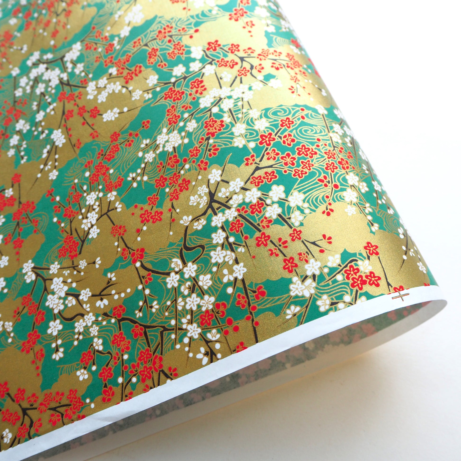 Yuzen Washi Wrapping Paper HZ-493 - Plum Flower & Flowing Water Dark Green - washi paper - Lavender Home London