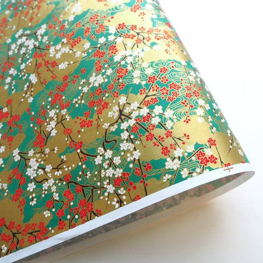 Yuzen Washi Wrapping Paper HZ-493 - Plum Flower & Flowing Water Dark Green - washi paper - Lavender Home London