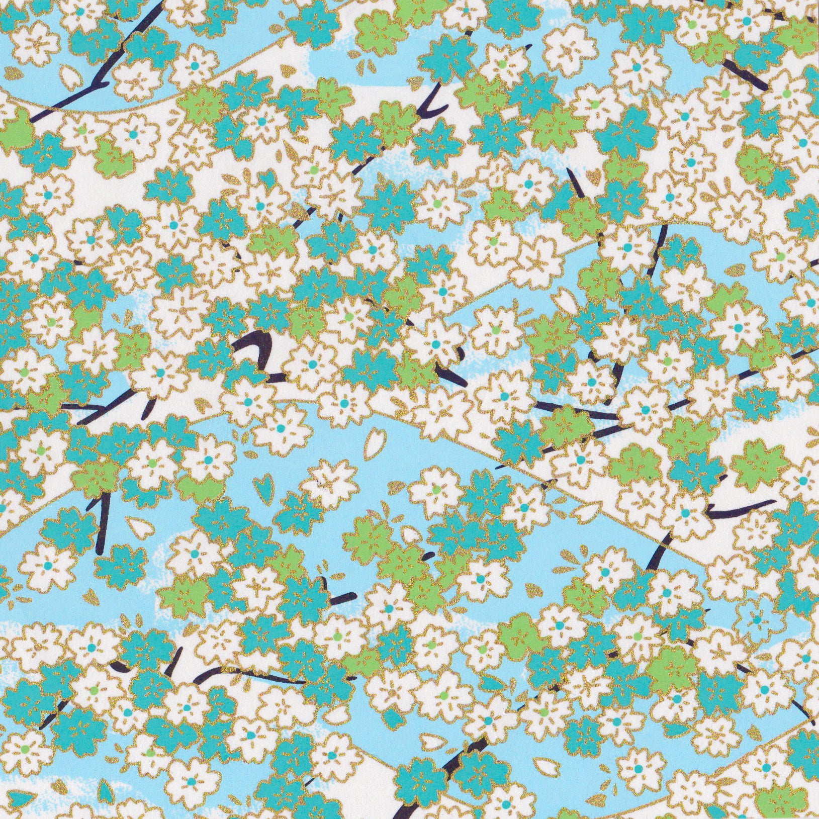 Yuzen Washi Wrapping Paper HZ-001 - Aqua Cherry Blossom - washi paper - Lavender Home London