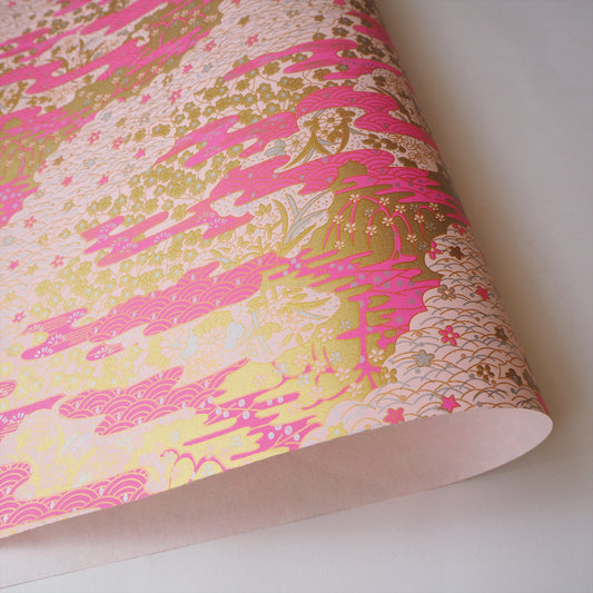 Yuzen Washi Wrapping Paper HZ-002 - Pink Sea Waves Garden - washi paper - Lavender Home London