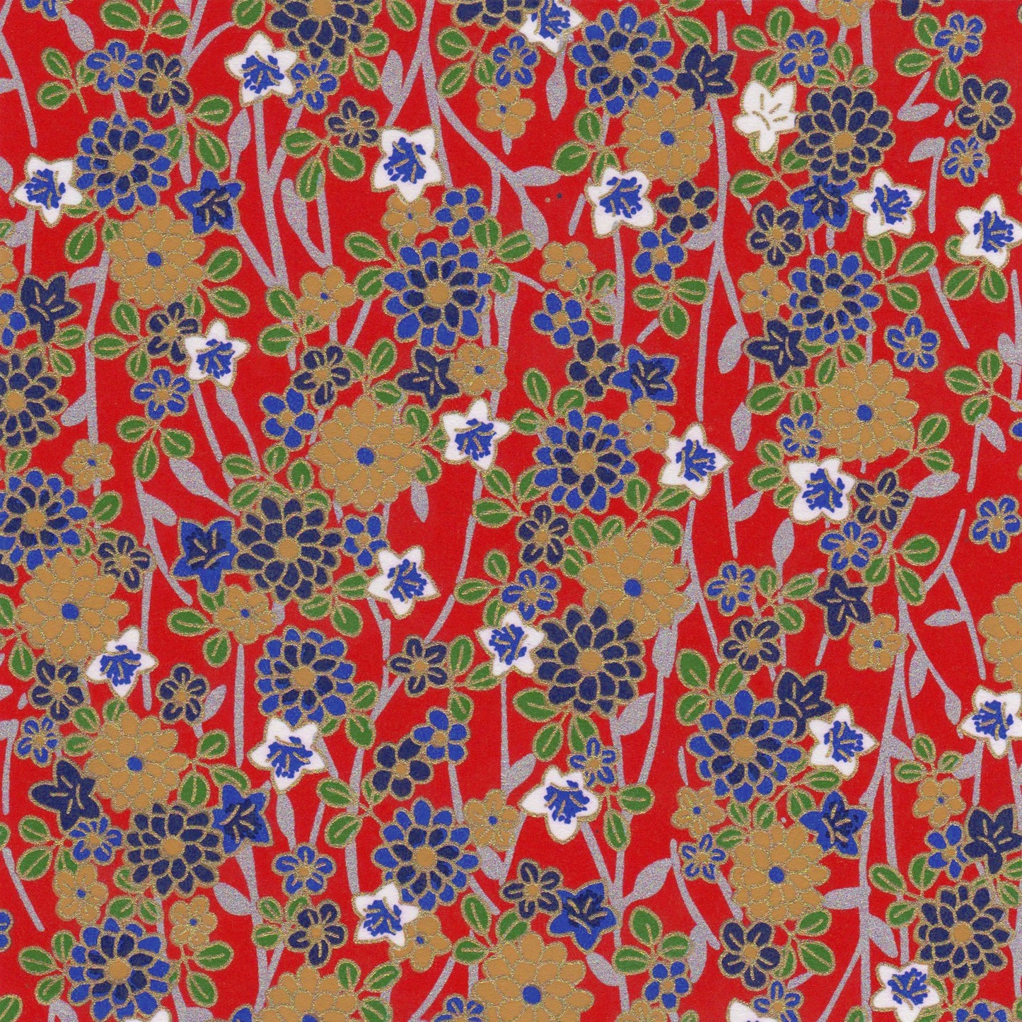 Pack of 20 Sheets 14x14cm Yuzen Washi Origami Paper HZ-025 - Chrysanthemum & Bellflowers Red - washi paper - Lavender Home London