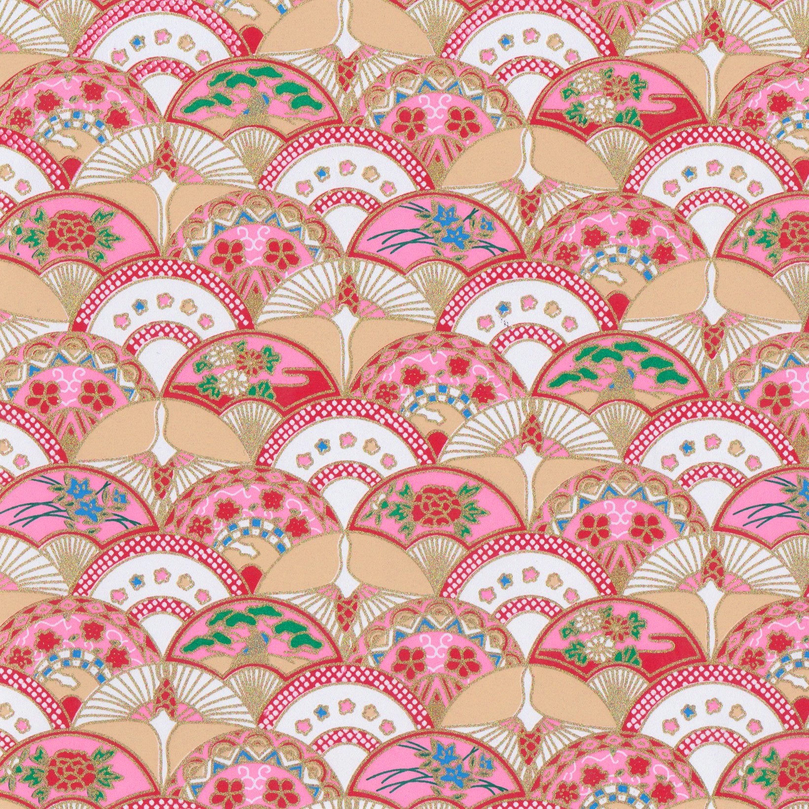 Pack of 20 Sheets 14x14cm Yuzen Washi Origami Paper HZ-032 - Gorgeous Floral Fans & Crane Circle - washi paper - Lavender Home London