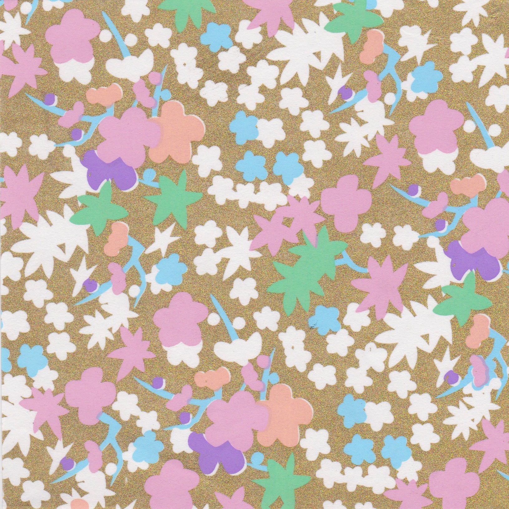 Pack of 20 Sheets 14x14cm Yuzen Washi Origami Paper HZ-062 - Pastel Flowers Gold - washi paper - Lavender Home London