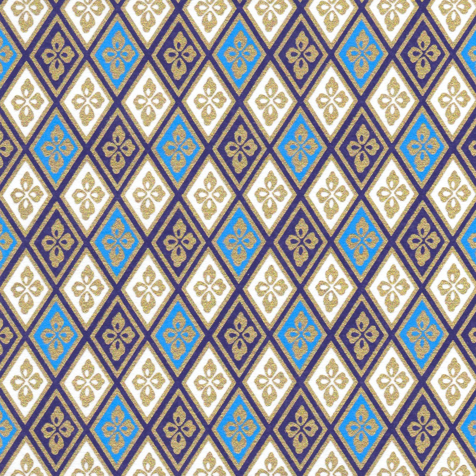 Pack of 20 Sheets 14x14cm Yuzen Washi Origami Paper HZ-073 - Blue Gold Diamond Flower - washi paper - Lavender Home London