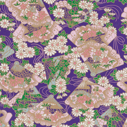 Pack of 20 Sheets 14x14cm Yuzen Washi Origami Paper HZ-094- Floral Fans & Chrysanthemum Purple - washi paper - Lavender Home London