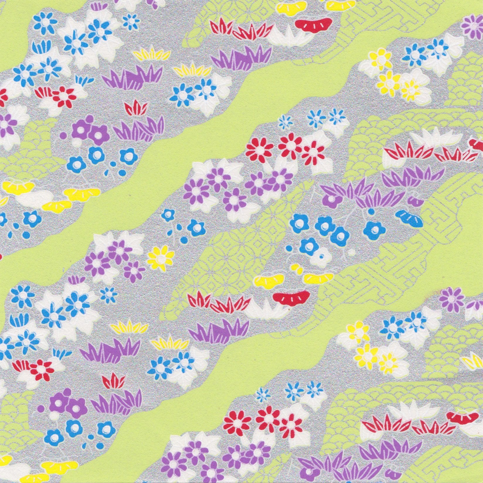 Pack of 20 Sheets 14x14cm Yuzen Washi Origami Paper HZ-098 - Silver Flower Field - washi paper - Lavender Home London