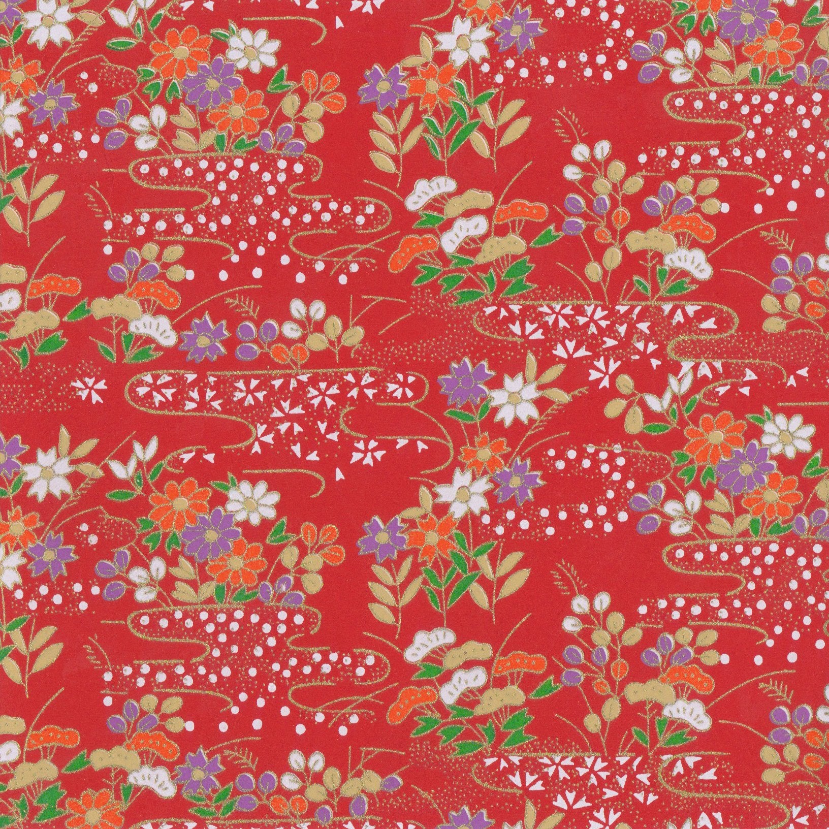Pack of 20 Sheets 14x14cm Yuzen Washi Origami Paper HZ-104 - Red Flower Field - washi paper - Lavender Home London