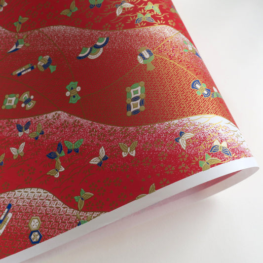 Yuzen Washi Wrapping Paper HZ-127 - Butterflies & Mixed Geometric Red - washi paper - Lavender Home London